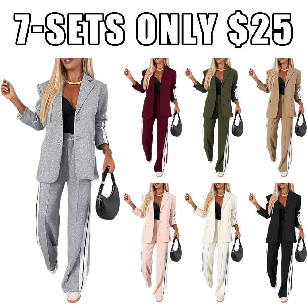 Women's Striped Side Tape Blazer & Wide-Leg Pants Set