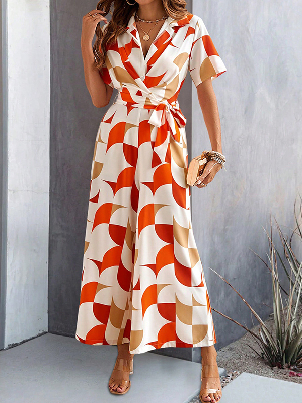 Buttoned Contrast Color Tied Waist High Waisted Loose V-Neck Jumpsuits