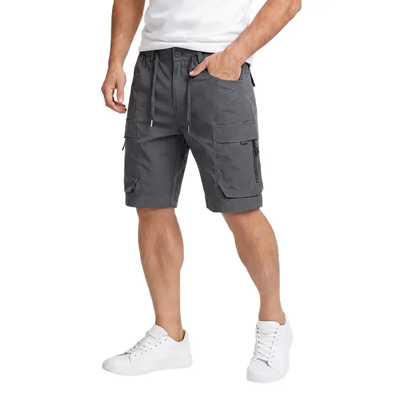 men’s casual cargo shorts with zippered pockets and a buttoned placket