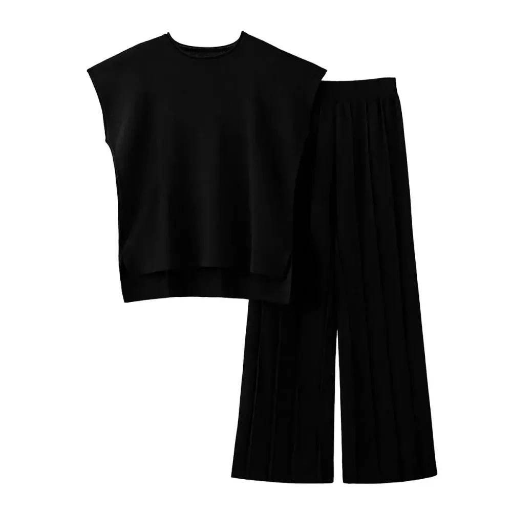 Lounge Sets for Women Two Piece Outfits Knit Cap Sleeve Tops Wide Leg Pleated Pants Casual Dressy Sweater Sets
