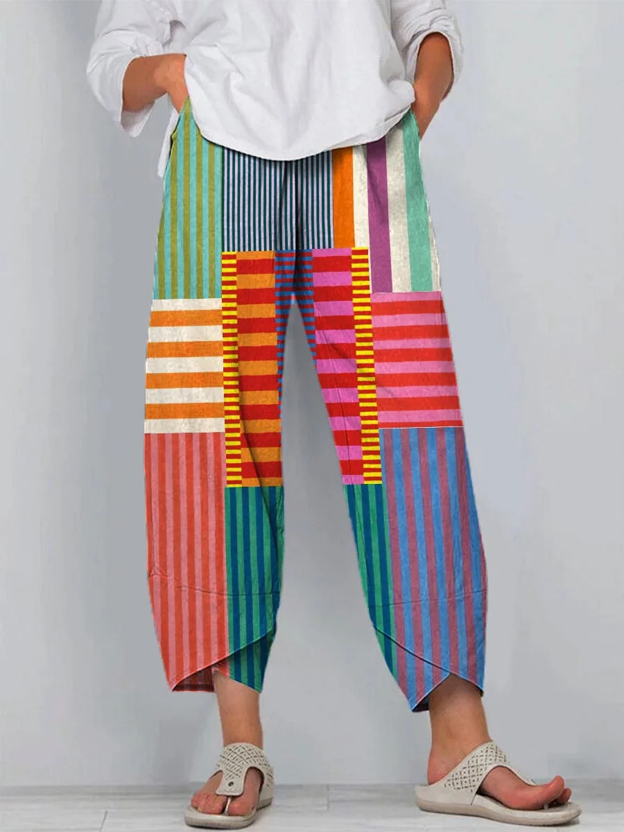 Women’s Colorful Patchwork Striped Cotton Linen 3/4 Sleeve Shirt