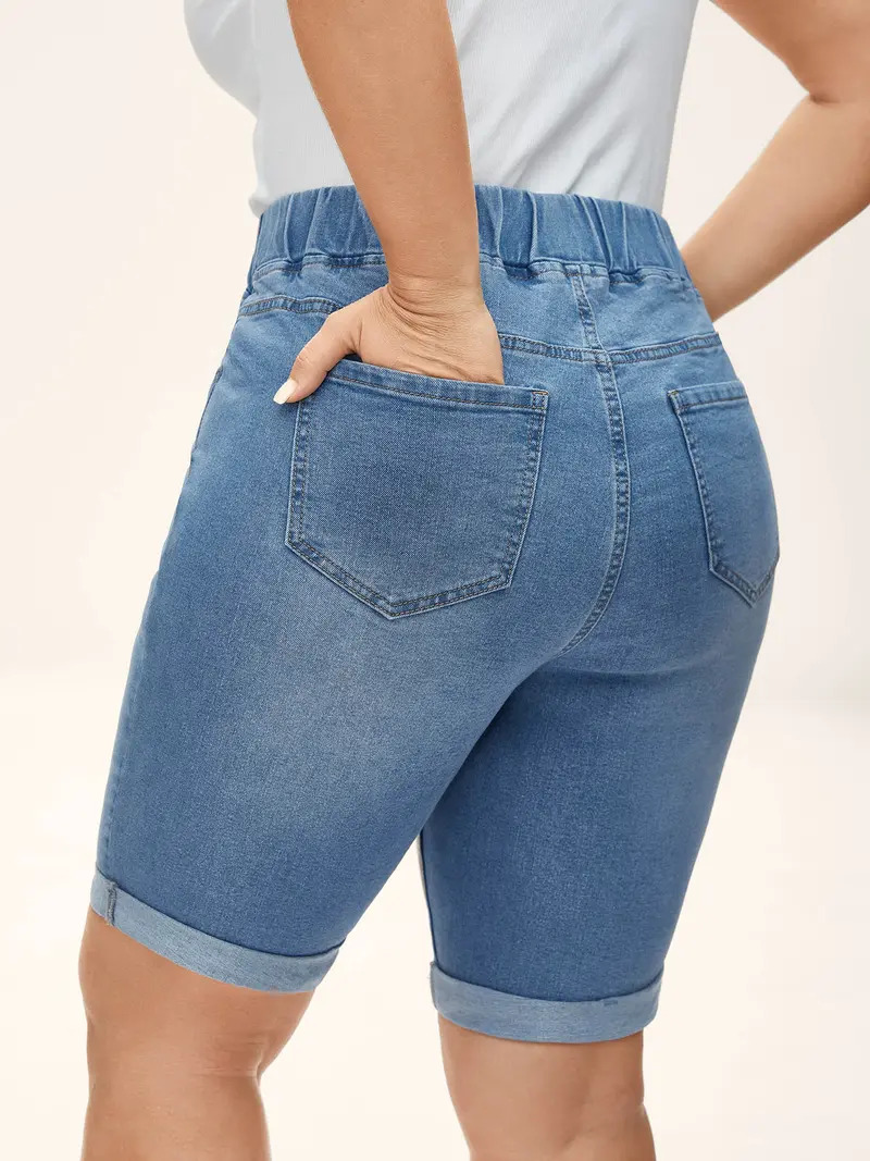Plus-size high-waisted stretch denim shorts