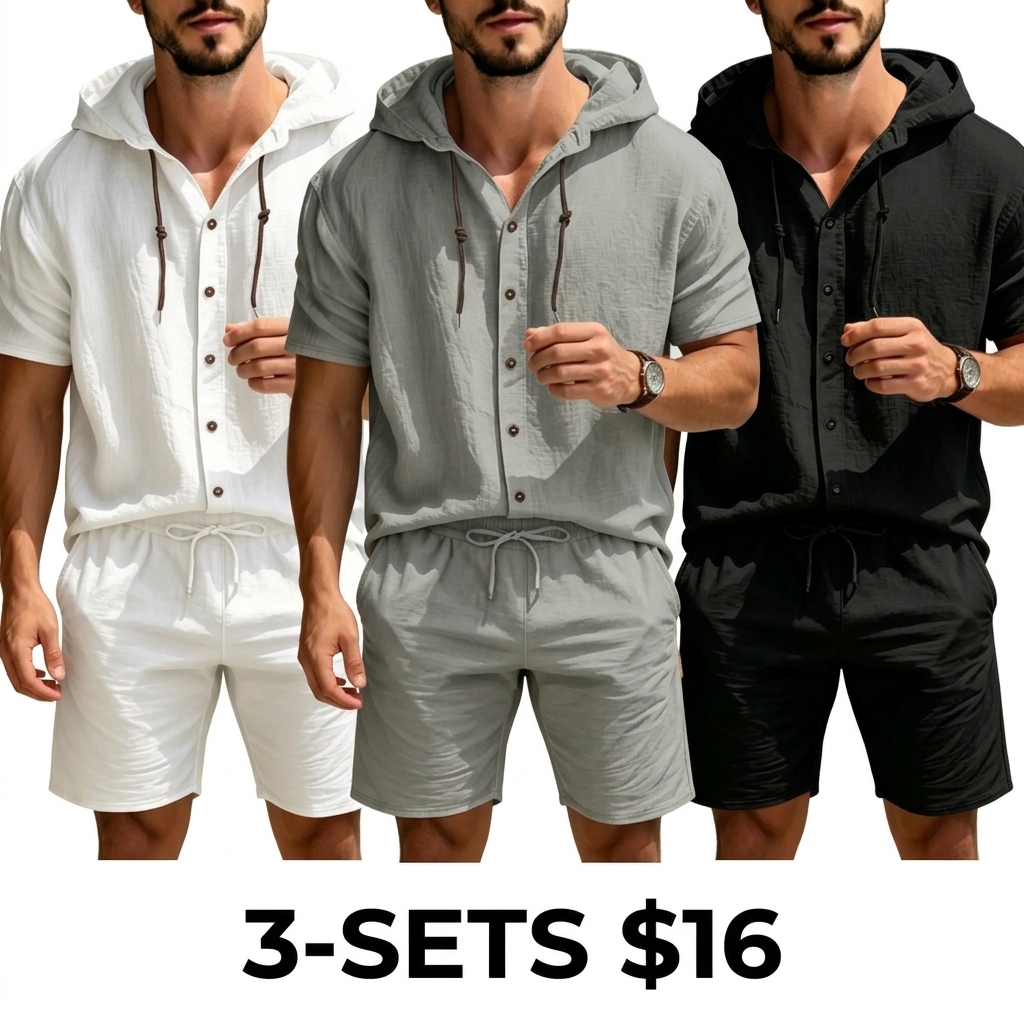Men's Linen 2-Piece Summer Set – Hooded Henley Top & Matching Shorts, Casual Versatile Outfit