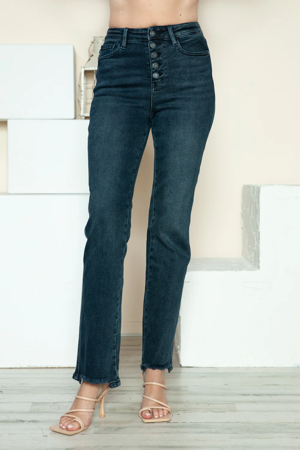Blue Full Size Button Fly Hem Destroy Straight Jeans