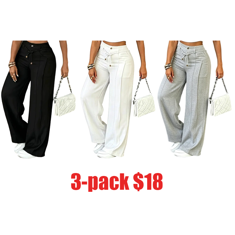 Women's High-Waisted Wide-Leg Trousers – Drapey Straight-Leg Casual Pants with Drawstring & Gold Button, Wrinkle-Resistant Summer Pants