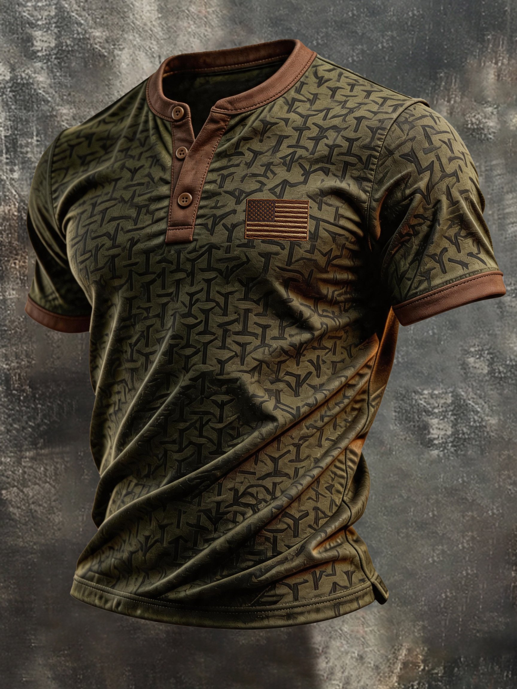 Men's Retro Patriotic Color-Block Short-Sleeve Henley T-Shirt