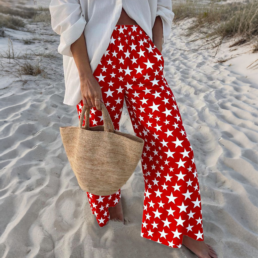 Women'S Patriotic Star Independence Day Commemorative Printed Elastic Waist Loose Pocket Casual Pants