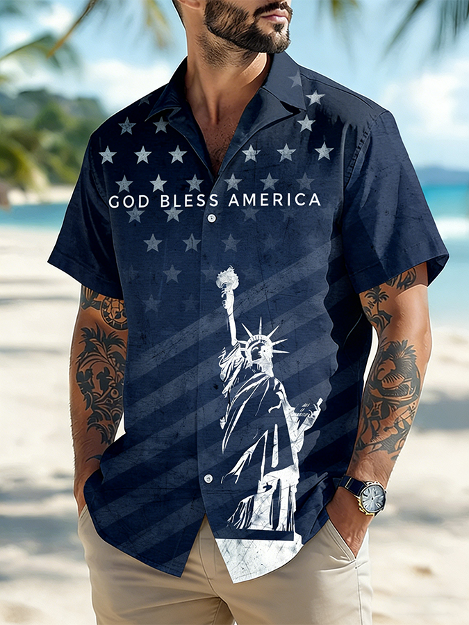 Men's God Bless America Statue Of Liberty Vintage USA Beach Shirt