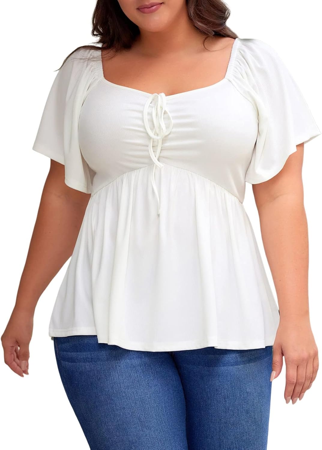 Womens Plus Size Tops Short Sleeve Sweetheart Neck Shirred Peplum Blouse Shirts