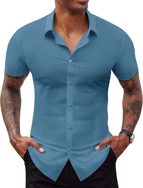 Stretch Dress Shirts for Men Short Sleeve Slim Fit