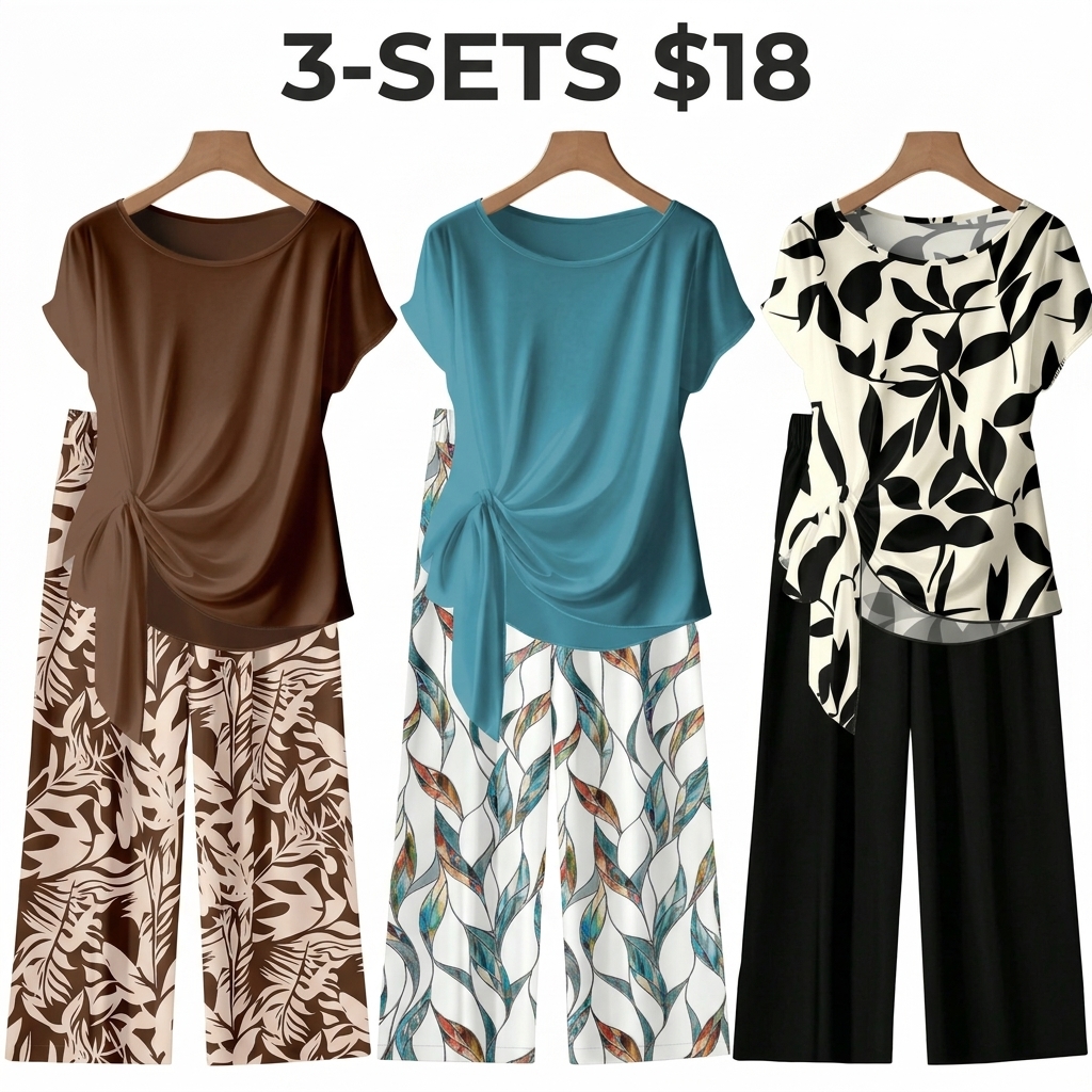 Women's Casual Printed Necktie Shirt and Loose Straight Pants Set