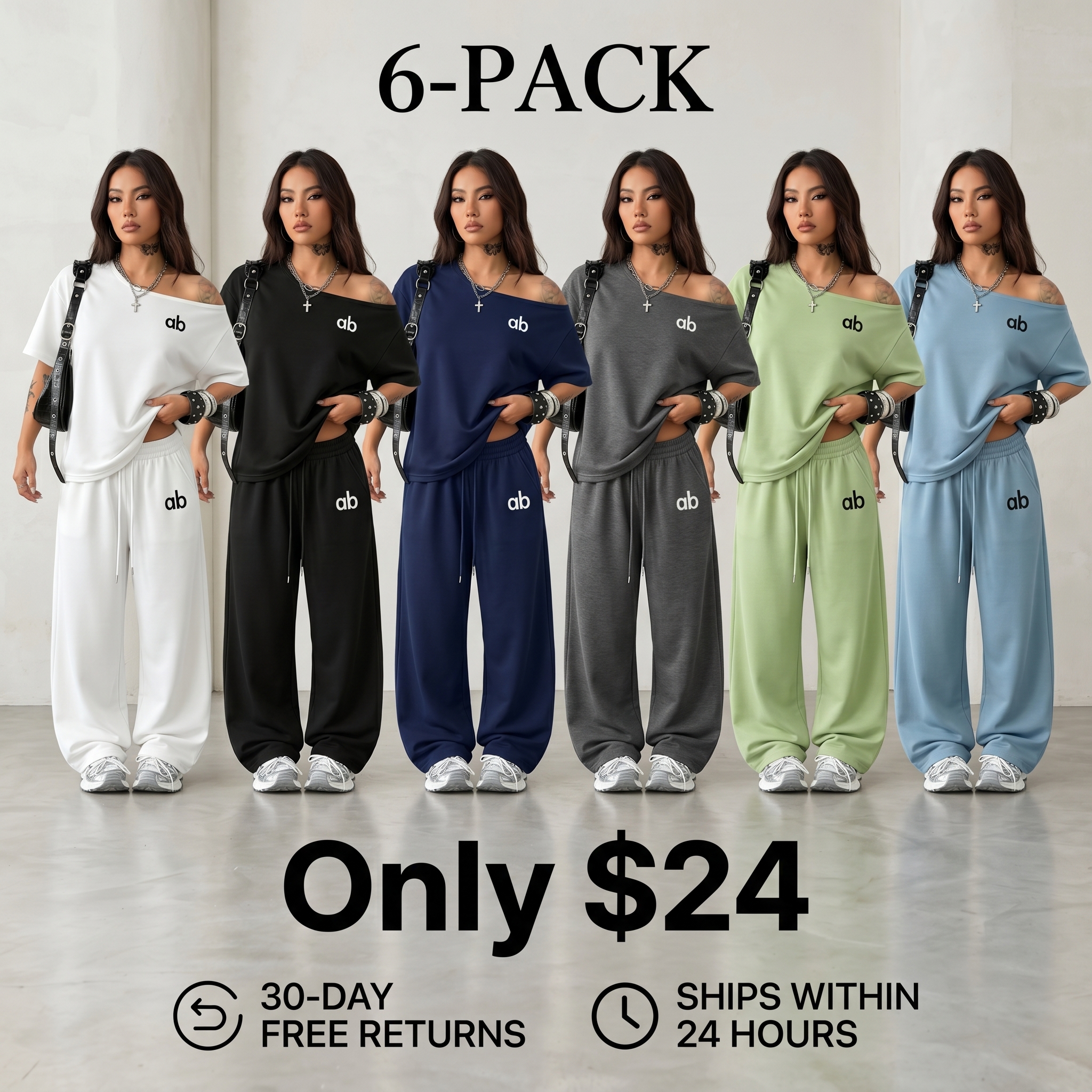 Women's Two-Piece Set: Letter-Print Off-Shoulder Loose T-Shirt & Wide-Leg Pants