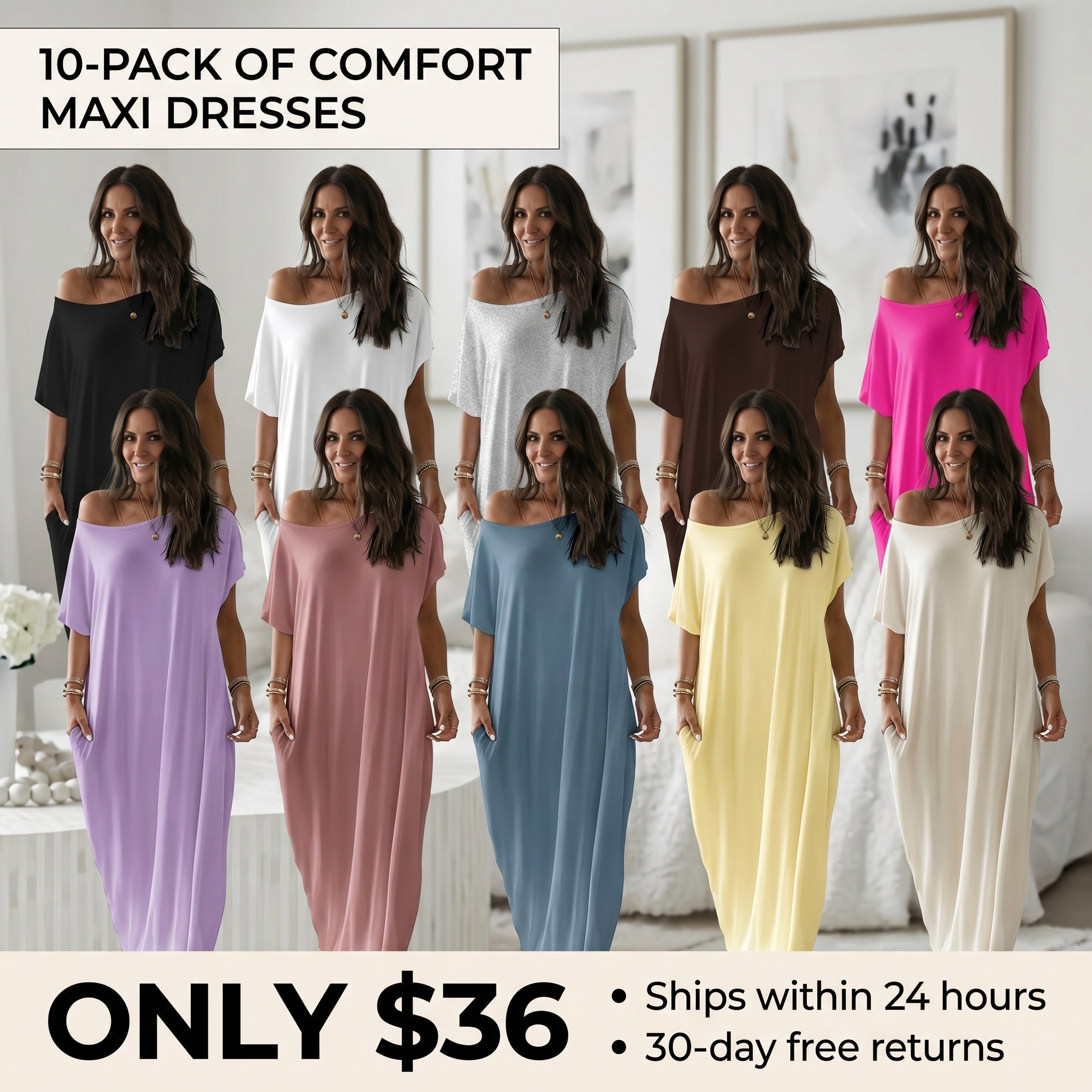 Women's Solid-Color Batwing-Sleeve Loungewear Dress