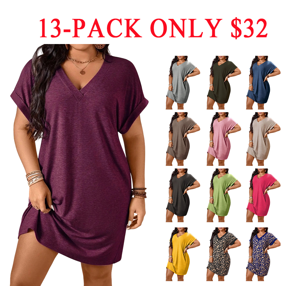 Plus Size Women's Loose T-Shirt Dress, V Neck & Batwing Sleeve Design