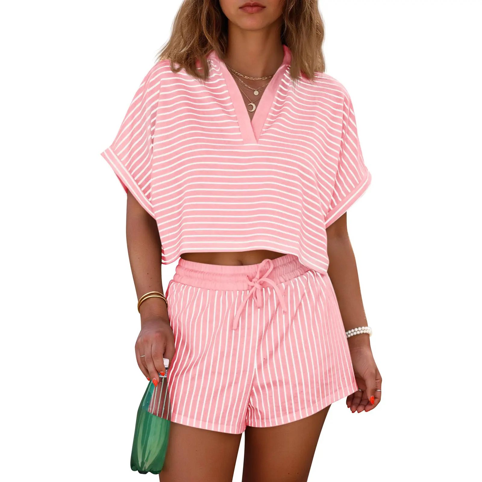 Womens Striped 2 Piece Short Sets