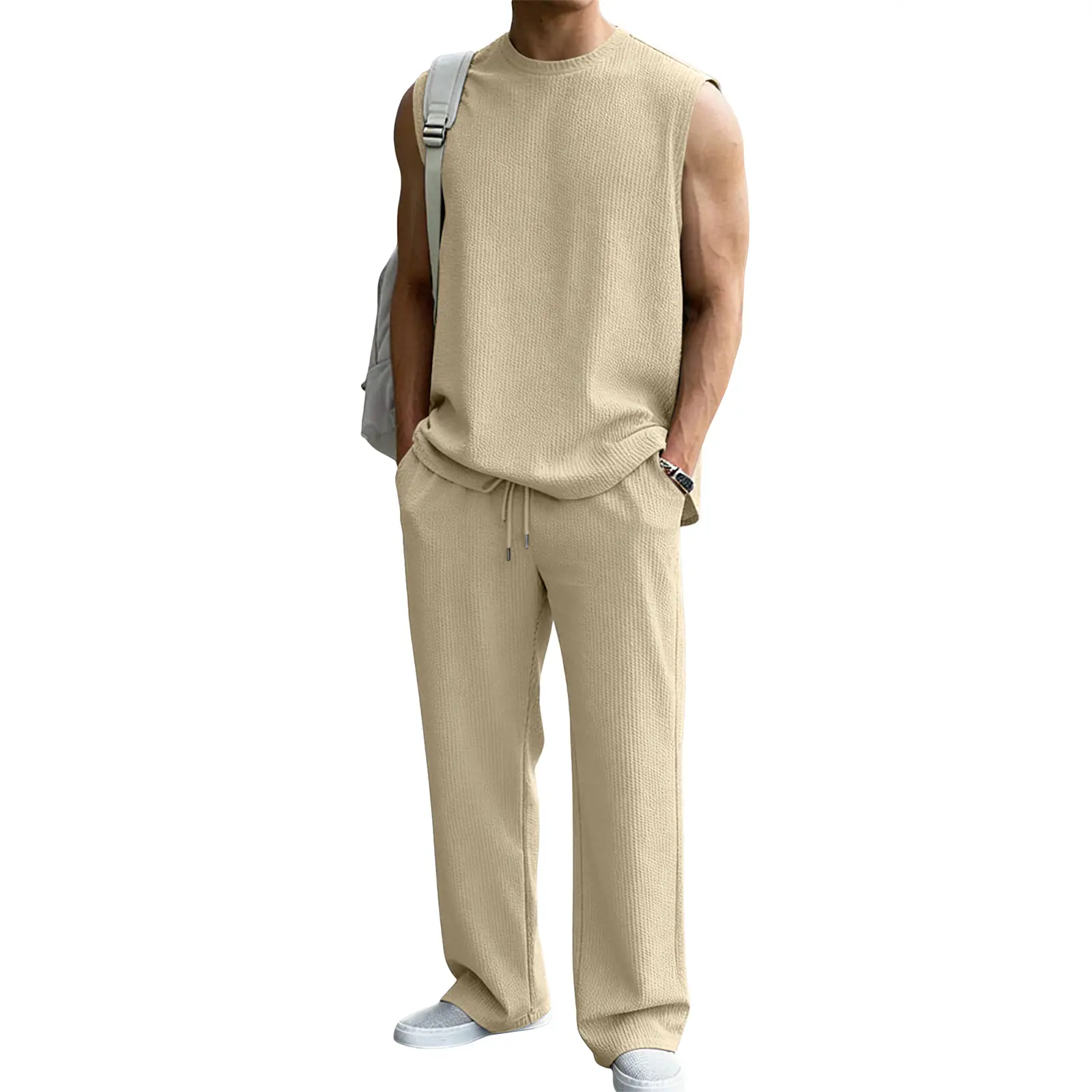 Mens 2 Piece Rib Knit Sweatsuit Summer Sleeveless Tank Top Baggy Wide Leg Pants Set Vacation Beach Outfit for Men