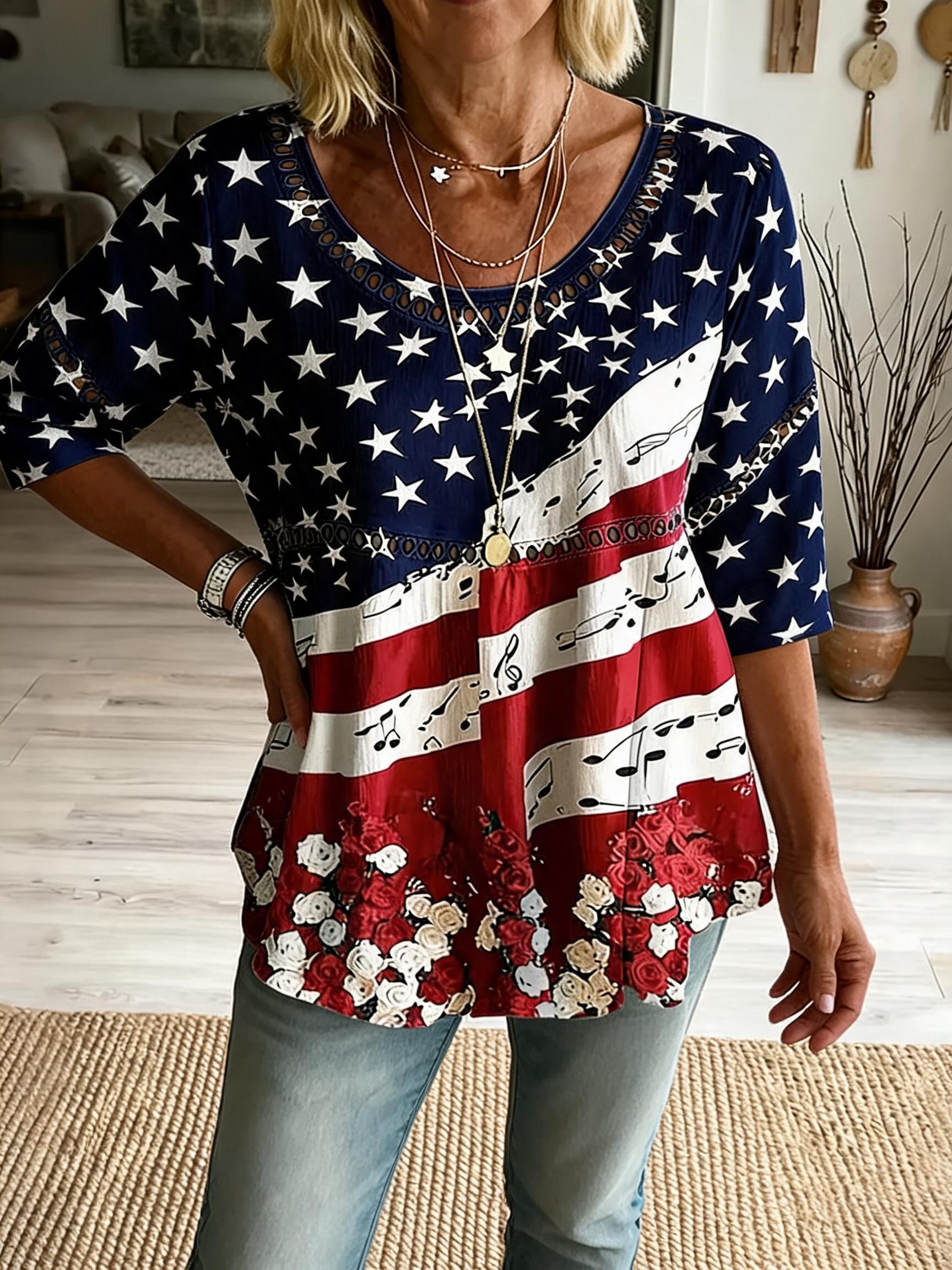 Women'S Retro American Independence Day Printed Casual Top