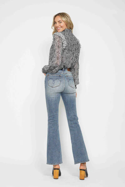 Blue Full Size Tummy Control Back Embroidered Pocketed Bootcut Jeans - Multiple Lengths