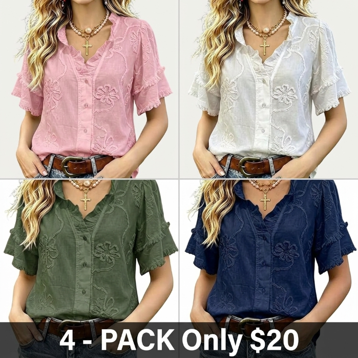 Women's Puff Sleeve Fringed Hem Blouse V Neck Button Regular Fit Casual Solid Spring Summer Top