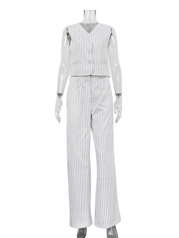Striped Loose Sleeveless Buttoned V-Neck Vest Top + Pockets Pants Bottom Two Pieces Set