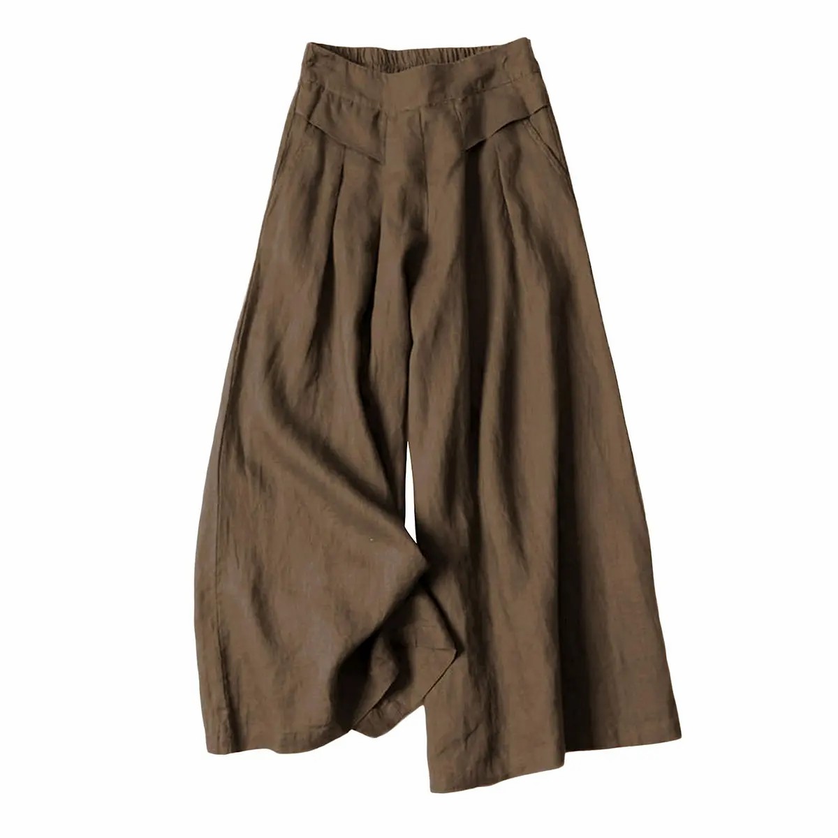 Women's Cotton Linen Wide Leg Culottes – Elastic Waist, Pockets, Minimalist Casual Capri Pants