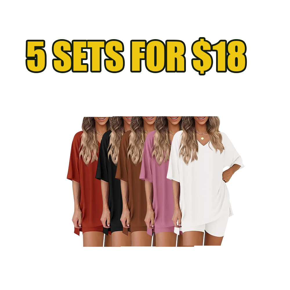 ☀️ Women’s Summer Lounge 2-Piece Set – Oversized V-Neck Top & Biker Shorts Outfit