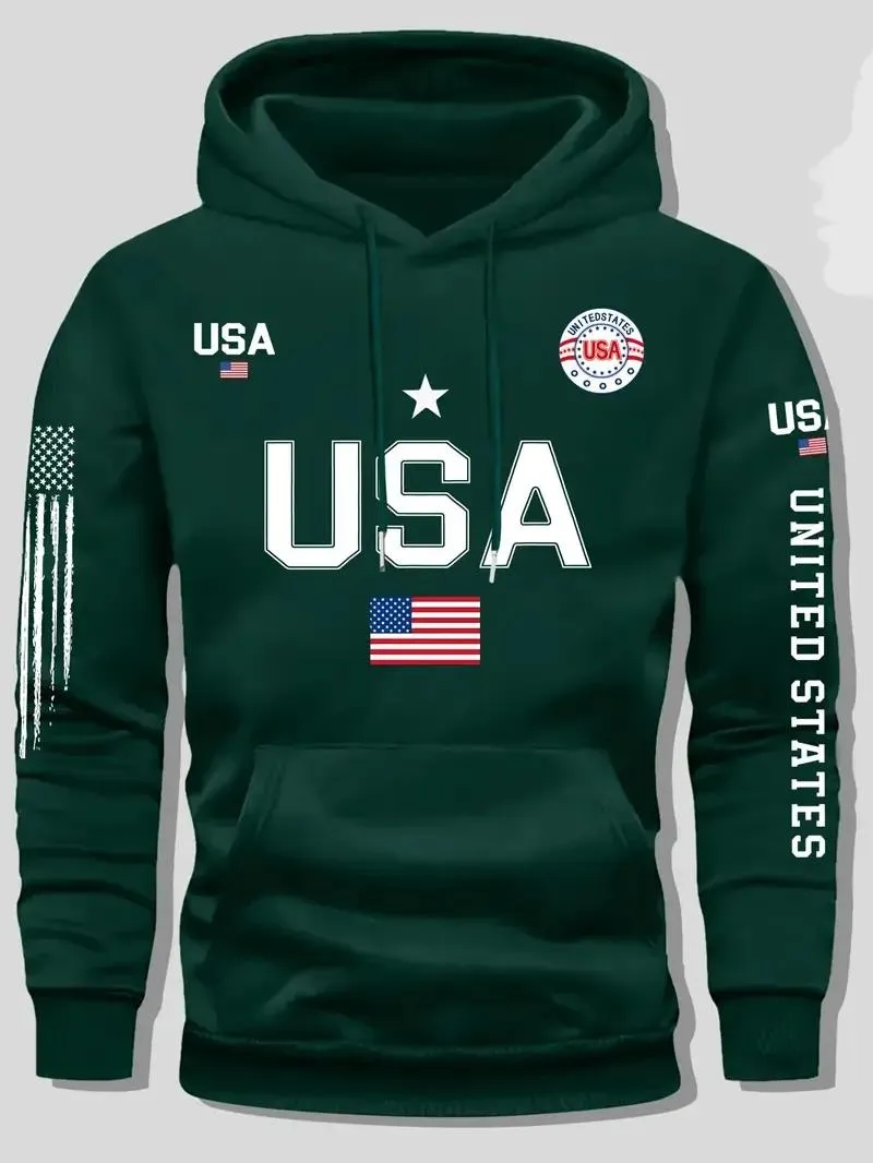 Men's fleece sweatshirt, United States letter print unisex casual knit fabric pullover for students and couples fashion hoodie
