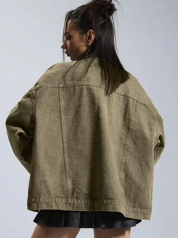 Women's Plain Button Front Drop Shoulder Denim Coat