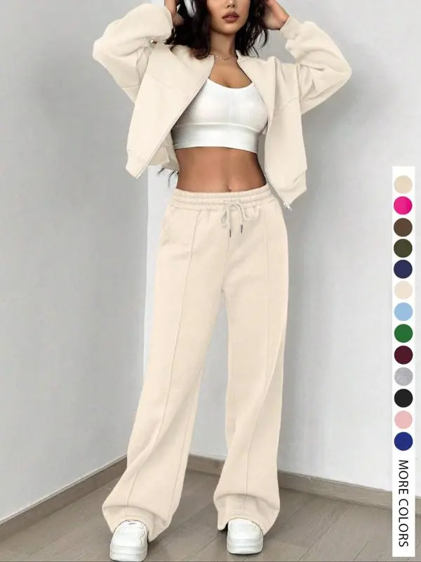Two-piece Set Women's Solid Zip Up Drop Shoulder Jacket & Pocket Elastic Waist Pants