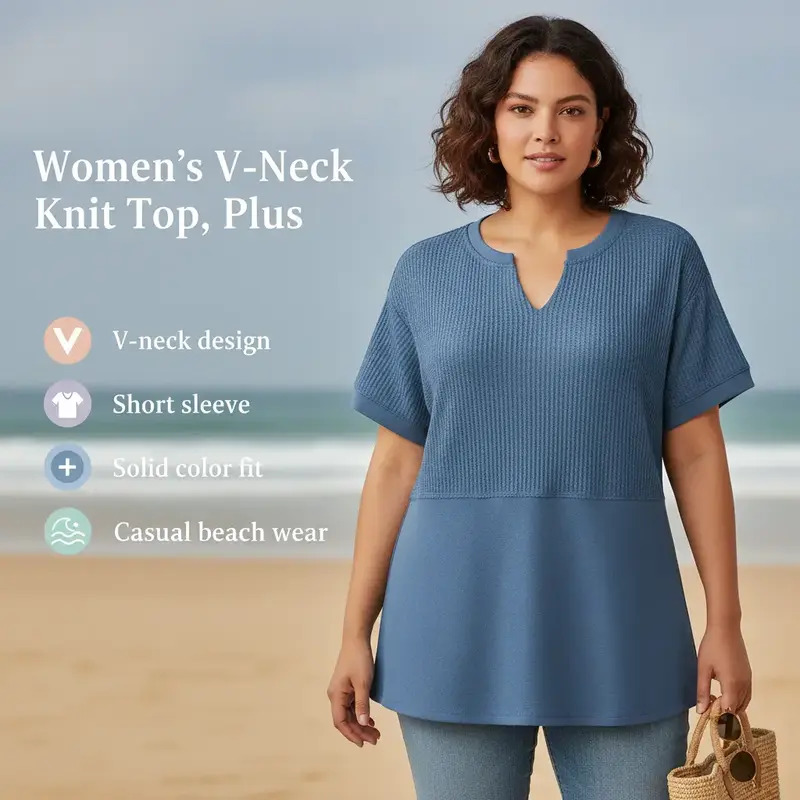 Women's Plus-Size V-Neck Short-Sleeve Knit Top