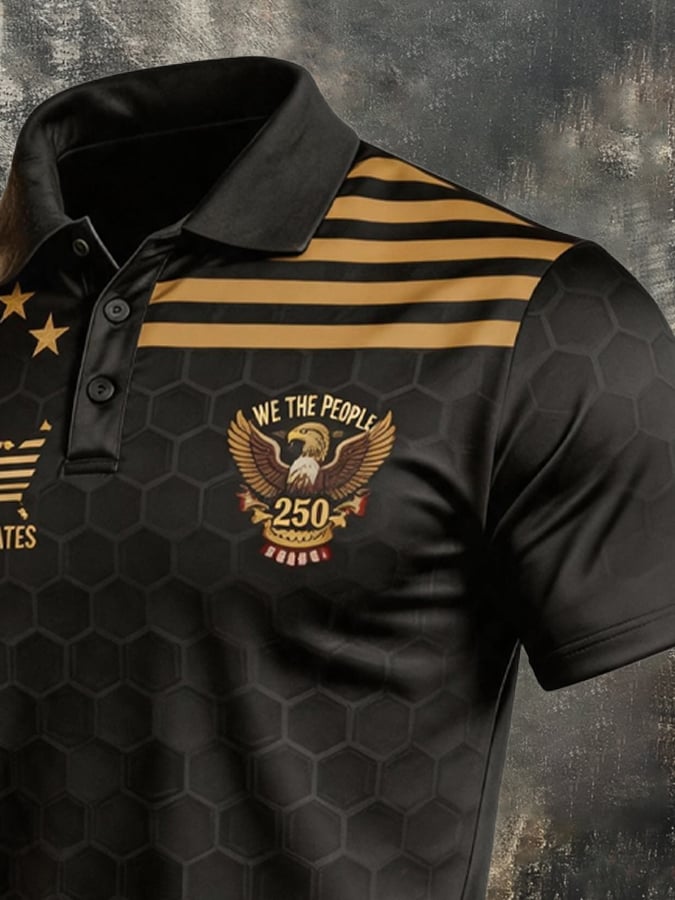 Men's Retro Patriotic Color-Block Short-Sleeve Polo Shirt