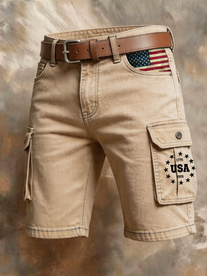 Men'S Retro American Flag Printed Multi Pocket Design Cargo Pants