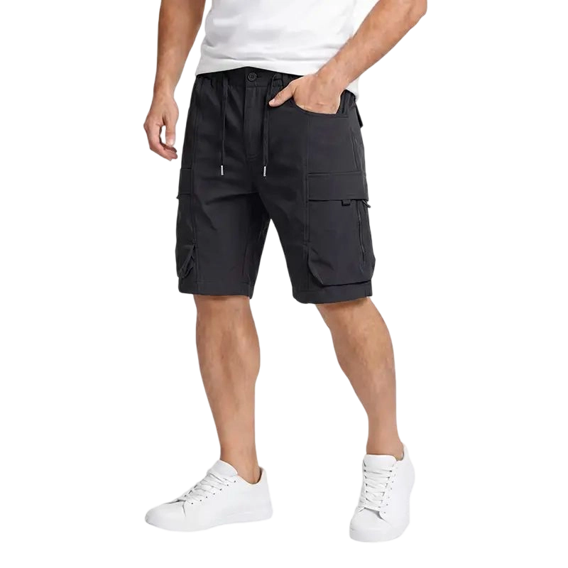 Men’s casual cargo shorts with zippered pockets and a buttoned placket