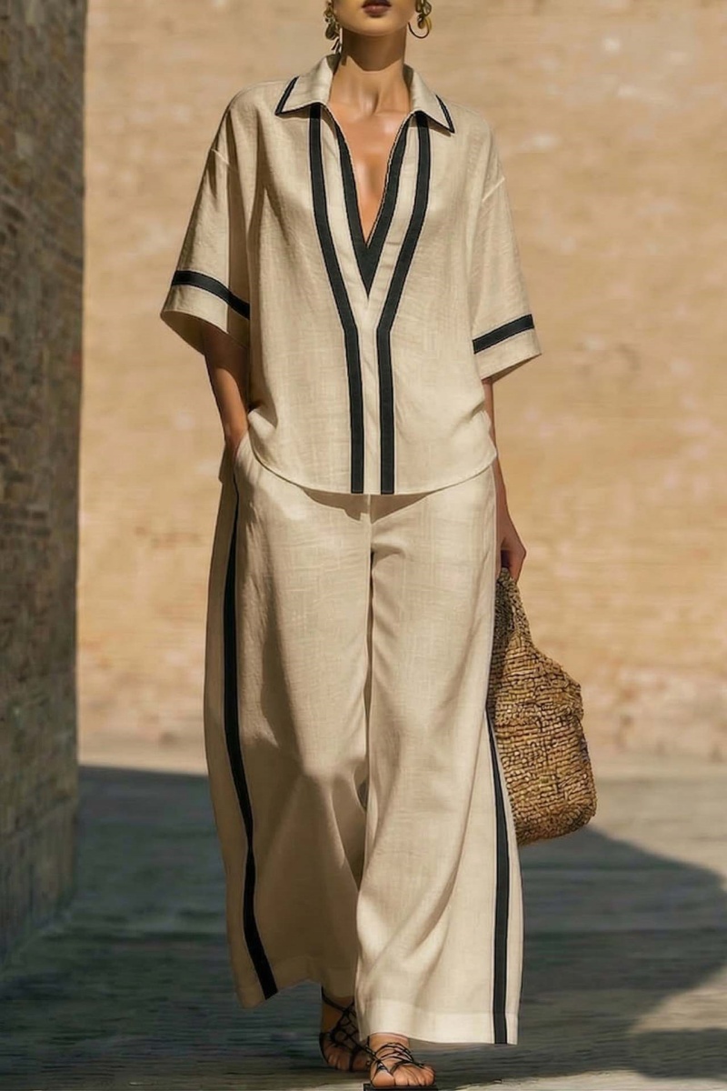 Casual Color-Blocked Short-Sleeved Shirt And Wide-Leg Pants Two-Piece Set