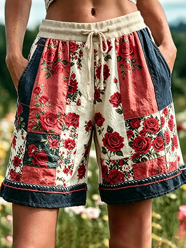 Women's Rose Vine Patchwork Art Print Casual Shorts