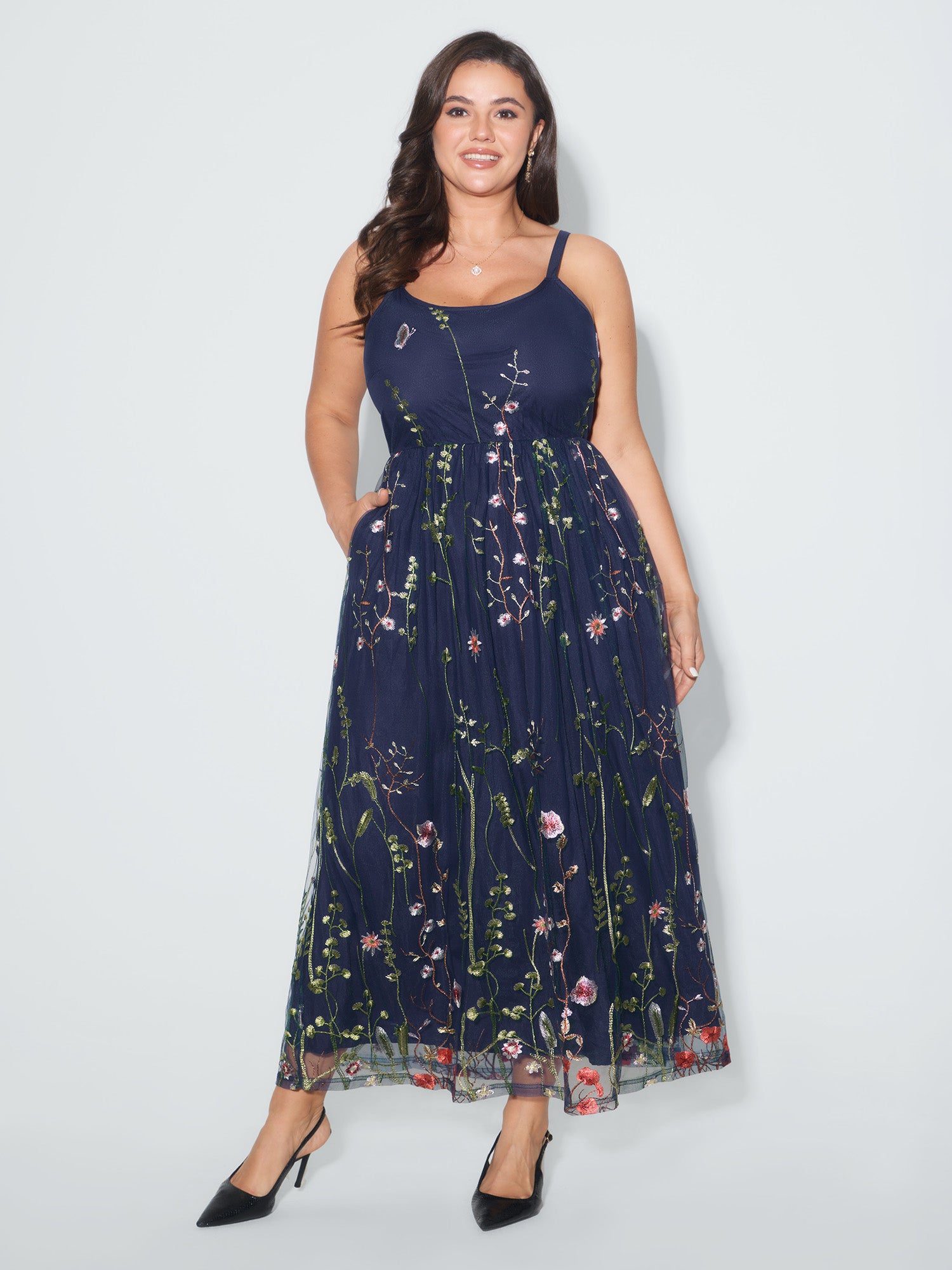 U Neck Floral Embroidered Mesh Cami Dress