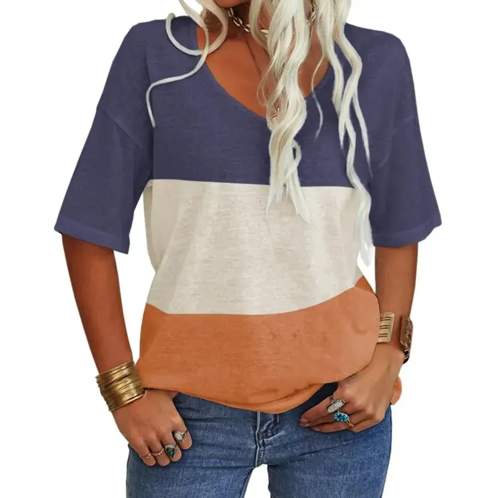 Women Soft V Neck Tshirt Half Sleeve Lightweight Solid Color Loose Fit Minimalist Top