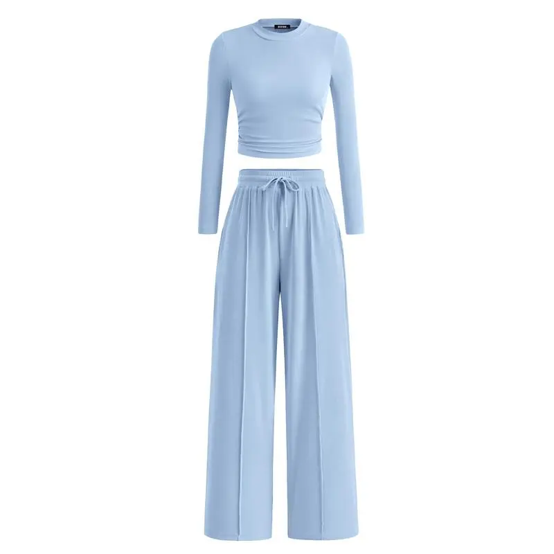 ✨2-Piece Ribbed Knit Long Sleeve Crop Top Wide Leg Pants Lounge Set🔥