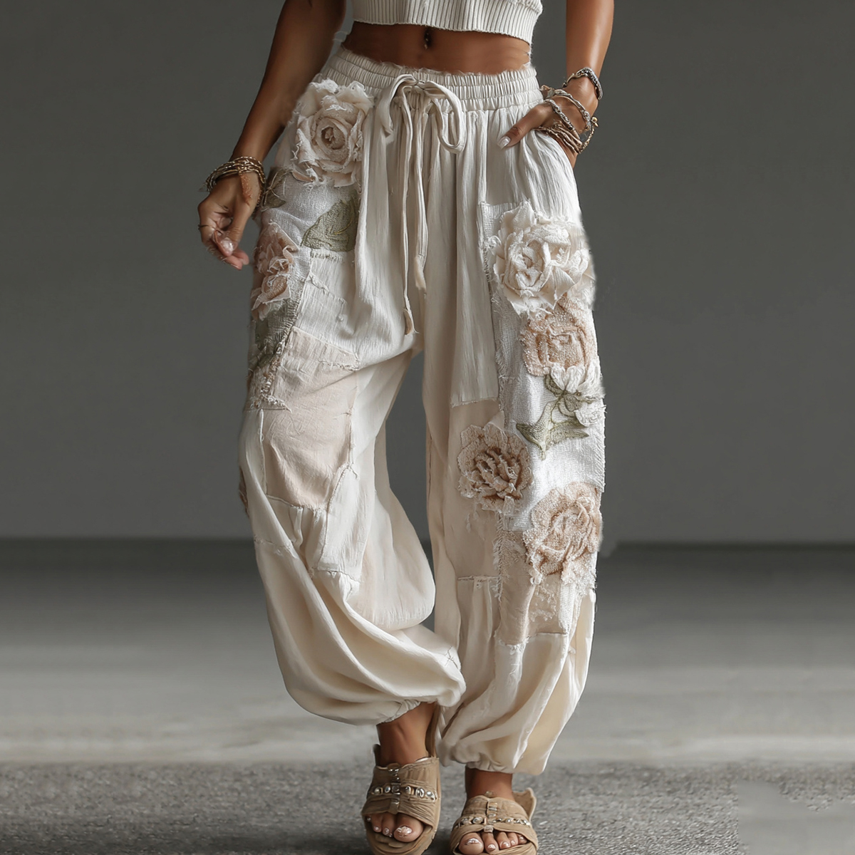 Women's Retro Floral Patchwork Art Casual Linen Pants
