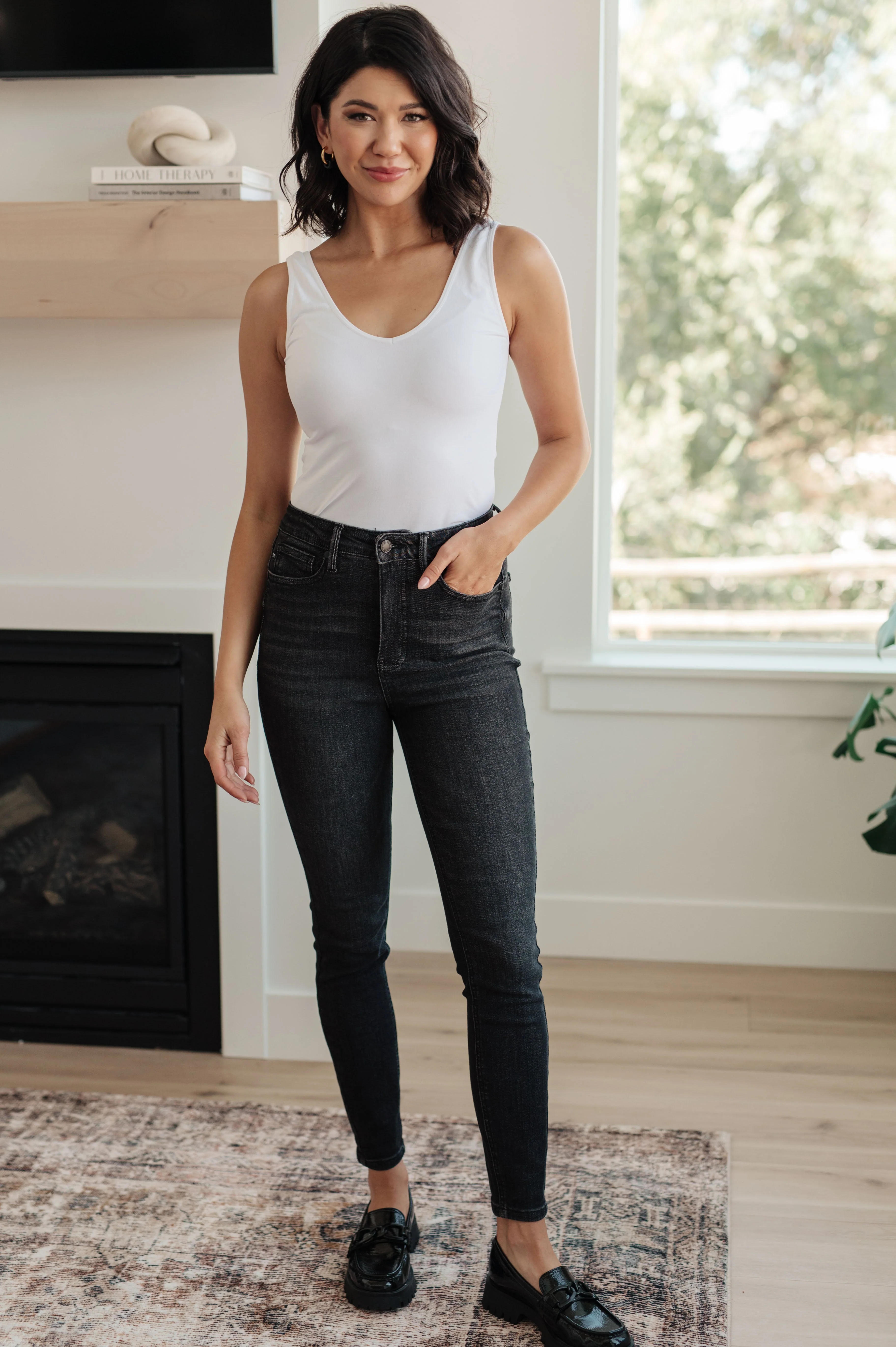 High Rise Control Top Skinny Jeans in Washed Black
