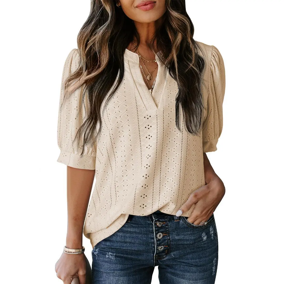 Women's Summer Business Casual Blouses V Neck Short Sleeve Shirts Hollow Out Cute Lace Tops Loose Fit Breathable Fabric