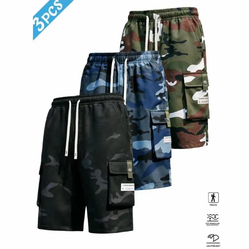 Men's 4-Piece Camo Cargo Capri Pants – Multi-Pocket, Drawstring Waist, Casual Streetwear