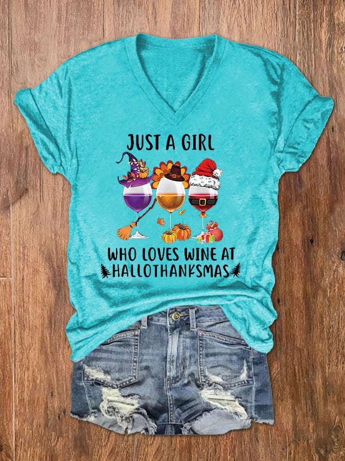 Women's Just A Girl Who Loves Wine At Hallothanksmas Print V-Neck T-Shirt