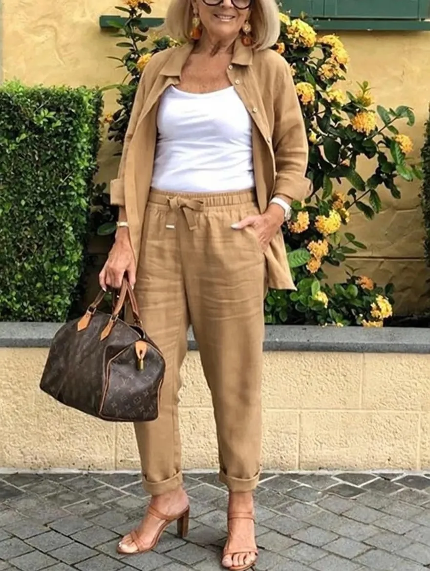 Solid Cotton Linen Women Suits  Casual