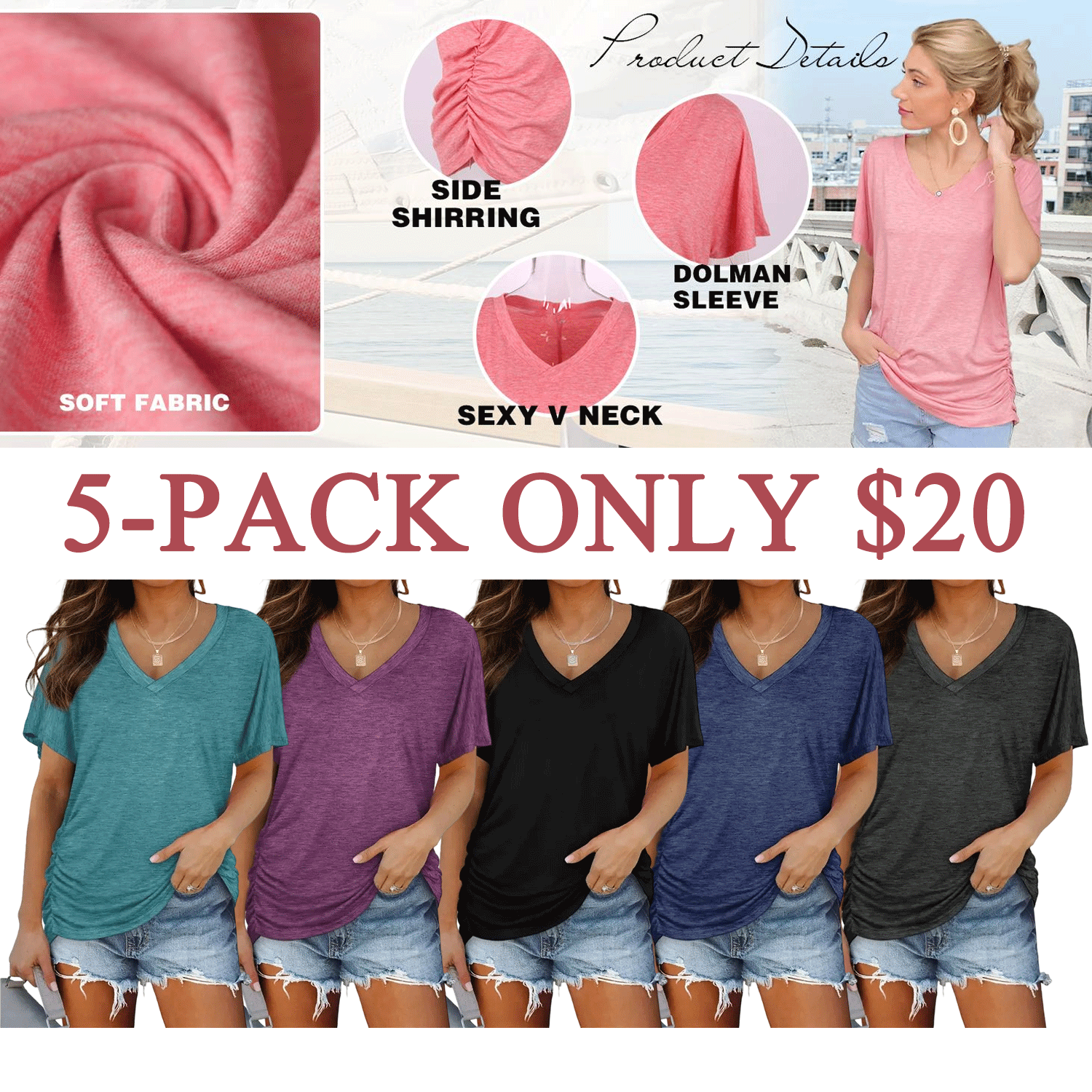 🔥Women’s V-Neck Dolman Sleeve Top with Side Shirring – Loose Fit Casual Shirt🔥🔥
