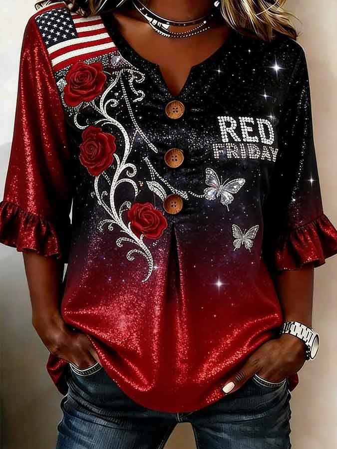Women's Red Friday Floral Print Cotton-Linen Top