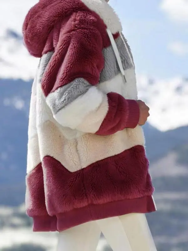 Women's Colorblock Drop Shoulder Hooded Polar Fleece Coat