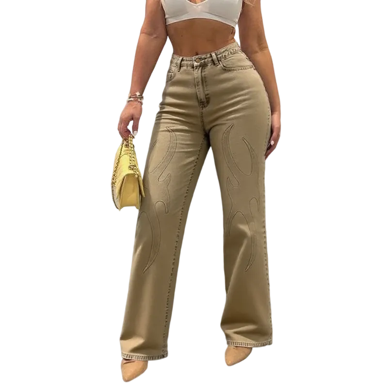 Y2K streetwear inspiration, women's embossed flame pattern jeans