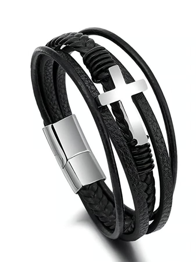 Women'S Cross Faith Leather Multi Layer Bracelet