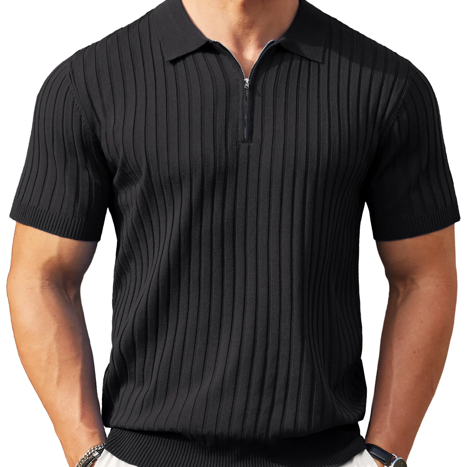 New York Fashion Week Men's Zipper Polo Shirts Short Sleeve Ribbed Knit Polo T Shirts